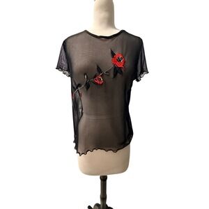 Sheer black mesh top Short Sleeve Size L with embroidered Rose, whymsygoth